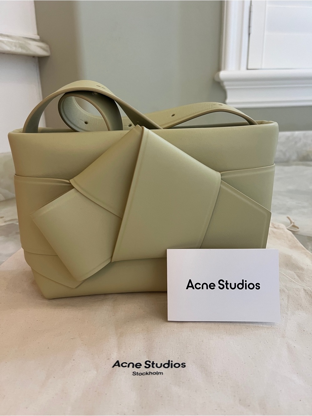 Acne Studios Musubi knotted Pale Sage Leather Shoulder Bag with Sculptural Bow
